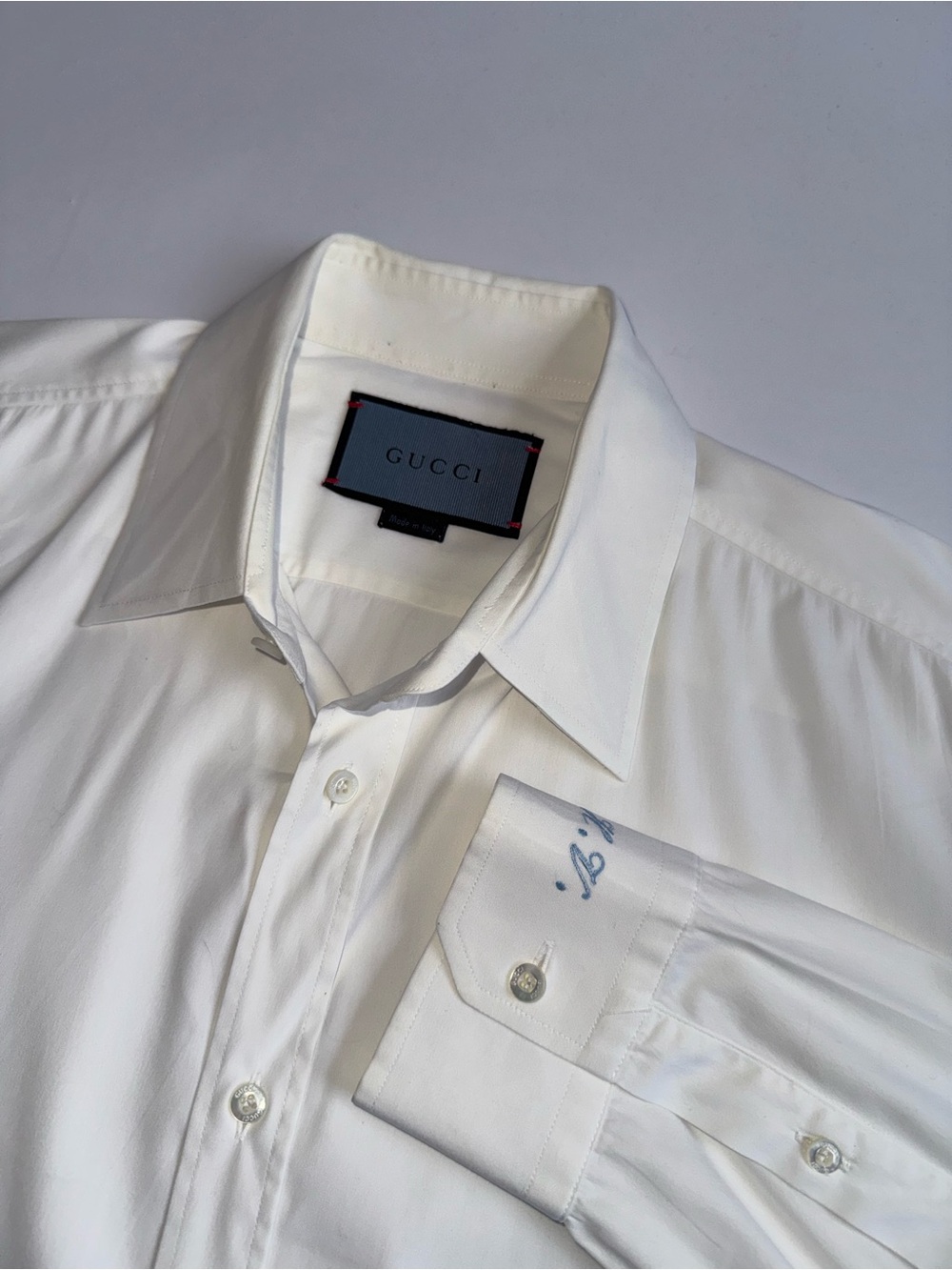 Gucci Men’s Size 16 White Stretch Cotton Dress Shirt Made in Italy Monogrammed